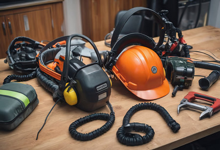 personal protective equipment, construction helmet, hearing protection, dust protection.の素材