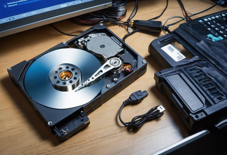 The abstract image of inside of hard disk drive on the technician's desk and a computer motherboard as a component. the concept of data, hardware, and information technology.の素材