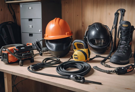 personal protective equipment, construction helmet, hearing protection, dust protection.の素材