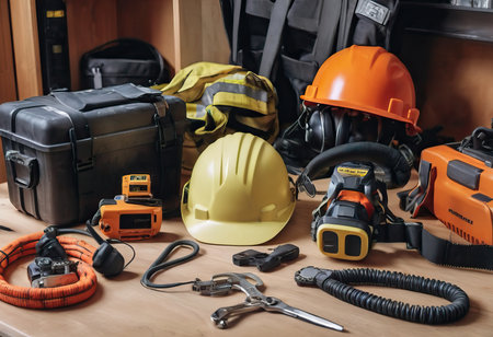personal protective equipment, construction helmet, hearing protection, dust protection.の素材