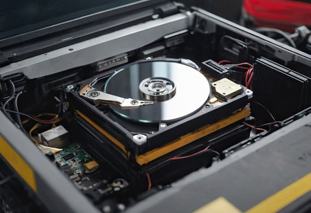 The abstract image of inside of hard disk drive on the technician's desk and a computer motherboard as a component. the concept of data, hardware, and information technology.の素材