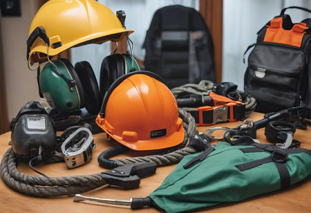 personal protective equipment, construction helmet, hearing protection, dust protection.の素材