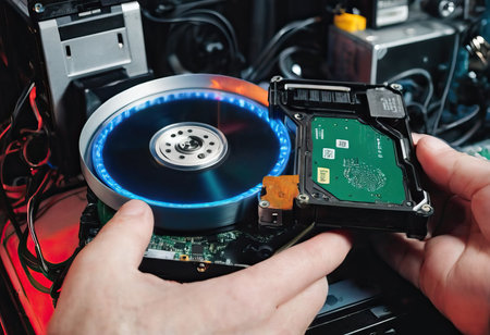 The abstract image of inside of hard disk drive on the technician's desk and a computer motherboard as a component. the concept of data, hardware, and information technology.の素材
