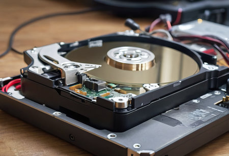 The abstract image of inside of hard disk drive on the technician's desk and a computer motherboard as a component. the concept of data, hardware, and information technology.の素材