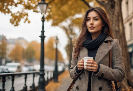 Stylish happy young woman wearing boyfriend jeans, white sneakers bright yellow sweatshirt.She holds coffee to go. portrait of smiling girl in sunglasses and bagの素材