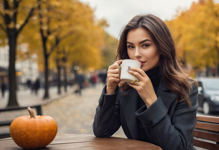 Stylish happy young woman wearing boyfriend jeans, white sneakers bright yellow sweatshirt.She holds coffee to go. portrait of smiling girl in sunglasses and bagの素材