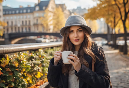 Stylish happy young woman wearing boyfriend jeans, white sneakers bright yellow sweatshirt.She holds coffee to go. portrait of smiling girl in sunglasses and bagの素材