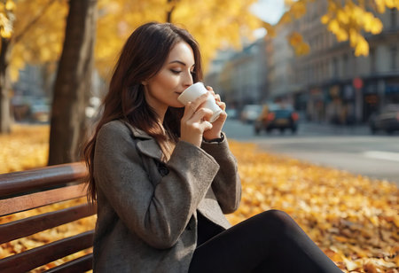 Stylish happy young woman wearing boyfriend jeans, white sneakers bright yellow sweatshirt.She holds coffee to go. portrait of smiling girl in sunglasses and bagの素材