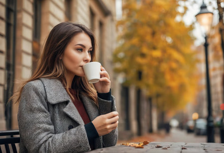 Stylish happy young woman wearing boyfriend jeans, white sneakers bright yellow sweatshirt.She holds coffee to go. portrait of smiling girl in sunglasses and bagの素材
