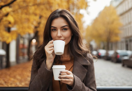 Stylish happy young woman wearing boyfriend jeans, white sneakers bright yellow sweatshirt.She holds coffee to go. portrait of smiling girl in sunglasses and bagの素材