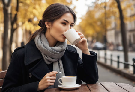 Stylish happy young woman wearing boyfriend jeans, white sneakers bright yellow sweatshirt.She holds coffee to go. portrait of smiling girl in sunglasses and bagの素材