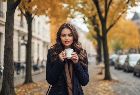 Stylish happy young woman wearing boyfriend jeans, white sneakers bright yellow sweatshirt.She holds coffee to go. portrait of smiling girl in sunglasses and bagの素材