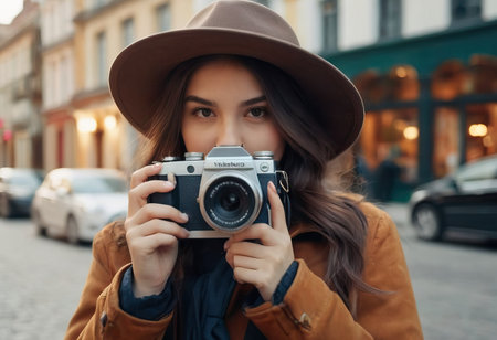 Woman photographer with dslr camera taking pictures outdoor. Mixed race girl with photo camera outdoor. Home hobby, lifestyle, travel, people conceptの素材