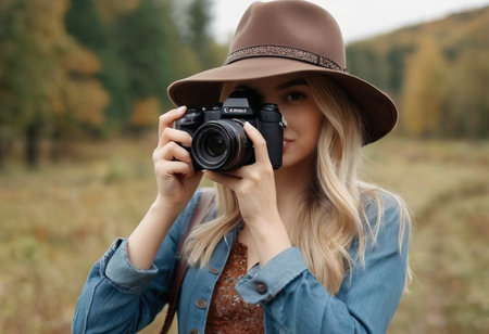 Woman photographer with dslr camera taking pictures outdoor. Mixed race girl with photo camera outdoor. Home hobby, lifestyle, travel, people conceptの素材