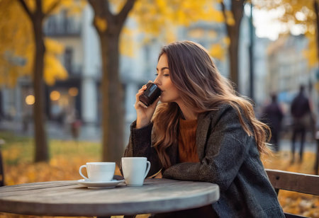Stylish happy young woman wearing boyfriend jeans, white sneakers bright yellow sweatshirt.She holds coffee to go. portrait of smiling girl in sunglasses and bagの素材