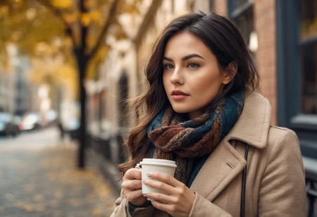 Stylish happy young woman wearing boyfriend jeans, white sneakers bright yellow sweatshirt.She holds coffee to go. portrait of smiling girl in sunglasses and bagの素材