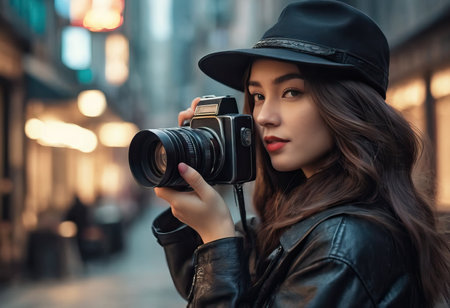 Woman photographer with dslr camera taking pictures outdoor. Mixed race girl with photo camera outdoor. Home hobby, lifestyle, travel, people conceptの素材