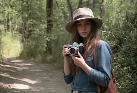 Woman photographer with dslr camera taking pictures outdoor. Mixed race girl with photo camera outdoor. Home hobby, lifestyle, travel, people conceptの素材