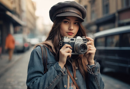 Woman photographer with dslr camera taking pictures outdoor. Mixed race girl with photo camera outdoor. Home hobby, lifestyle, travel, people conceptの素材