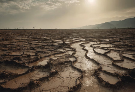 Dead trees on dry cracked earth metaphor Drought, Water crisis and World Climate change.の素材