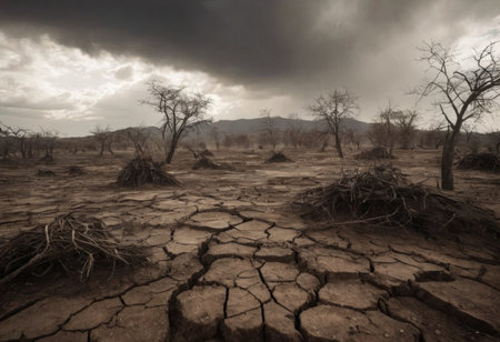 Dead trees on dry cracked earth metaphor Drought, Water crisis and World Climate change.の素材