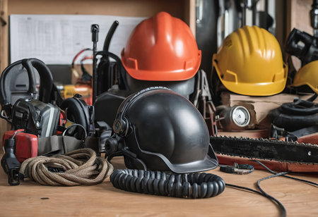 personal protective equipment, construction helmet, hearing protection, dust protection.の素材