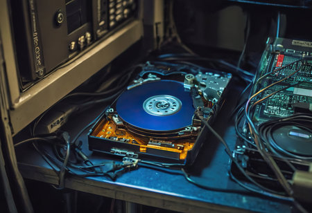 The abstract image of inside of hard disk drive on the technician's desk and a computer motherboard as a component. the concept of data, hardware, and information technology.の素材