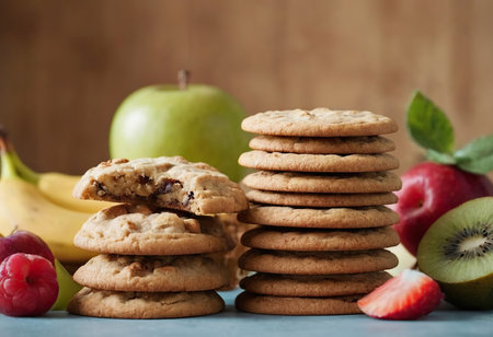 homemade oat cookies chips and ingredients banana walnuts almonds raisin dried apricots soft focus close upの素材