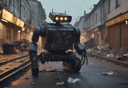 Robot make hard work, transports, cleans up trash garbage container in city.の素材