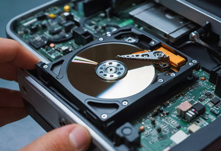 The abstract image of inside of hard disk drive on the technician's desk and a computer motherboard as a component. the concept of data, hardware, and information technology.の素材
