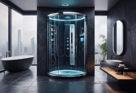 Contemporary bathroom with nighttime lighting featuring shower bathtub mirror and washstandの素材