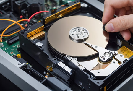The abstract image of inside of hard disk drive on the technician's desk and a computer motherboard as a component. the concept of data, hardware, and information technology.の素材