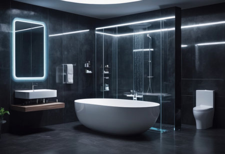 Contemporary bathroom with nighttime lighting featuring shower bathtub mirror and washstandの素材
