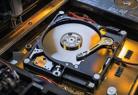 The abstract image of inside of hard disk drive on the technician's desk and a computer motherboard as a component. the concept of data, hardware, and information technology.の素材