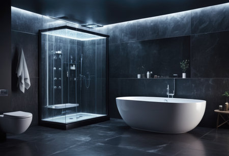 Contemporary bathroom with nighttime lighting featuring shower bathtub mirror and washstandの素材