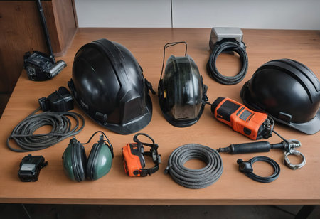 personal protective equipment, construction helmet, hearing protection, dust protection.の素材