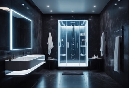 Contemporary bathroom with nighttime lighting featuring shower bathtub mirror and washstandの素材