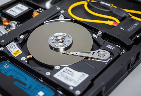 The abstract image of inside of hard disk drive on the technician's desk and a computer motherboard as a component. the concept of data, hardware, and information technology.の素材