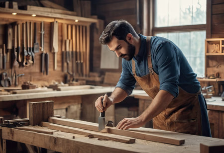 Happy Carpenter smiling to sketch design wooden furniture in wood workshop professional look high skill real authentic handcrafted working people.の素材