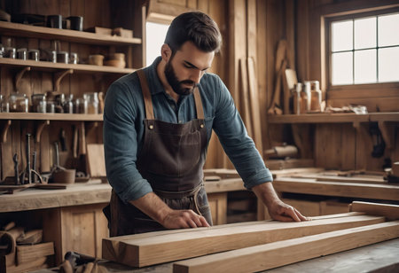 Happy Carpenter smiling to sketch design wooden furniture in wood workshop professional look high skill real authentic handcrafted working people.の素材