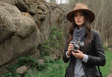 Woman photographer with dslr camera taking pictures outdoor. Mixed race girl with photo camera outdoor. Home hobby, lifestyle, travel, people conceptの素材