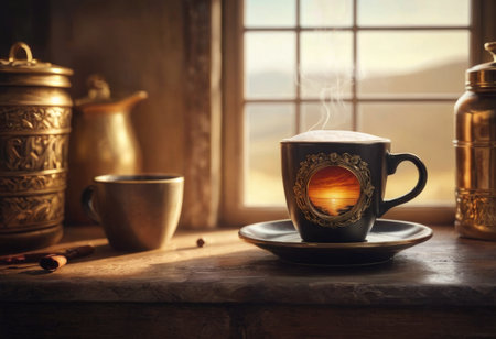 Steam rising from freshly prepared coffee in cup on table at homeの素材