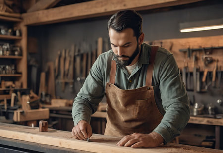 Happy Carpenter smiling to sketch design wooden furniture in wood workshop professional look high skill real authentic handcrafted working people.の素材