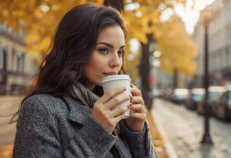 Stylish happy young woman wearing boyfriend jeans, white sneakers bright yellow sweatshirt.She holds coffee to go. portrait of smiling girl in sunglasses and bagの素材