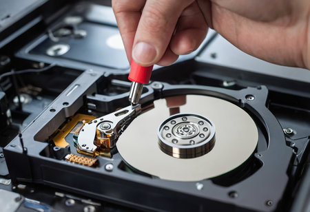 The abstract image of inside of hard disk drive on the technician's desk and a computer motherboard as a component. the concept of data, hardware, and information technology.の素材
