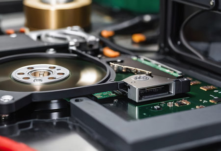 The abstract image of inside of hard disk drive on the technician's desk and a computer motherboard as a component. the concept of data, hardware, and information technology.の素材