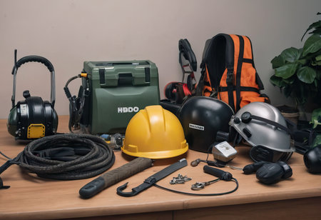 personal protective equipment, construction helmet, hearing protection, dust protection.の素材