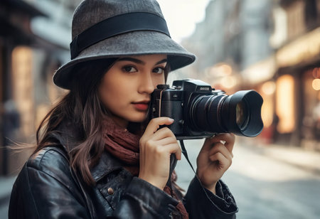 Woman photographer with dslr camera taking pictures outdoor. Mixed race girl with photo camera outdoor. Home hobby, lifestyle, travel, people conceptの素材