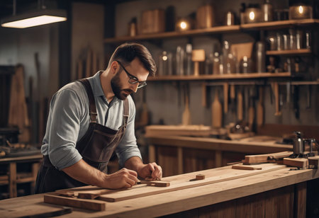 Happy Carpenter smiling to sketch design wooden furniture in wood workshop professional look high skill real authentic handcrafted working people.の素材