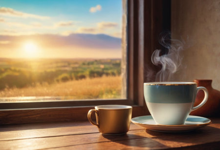 Steam rising from freshly prepared coffee in cup on table at homeの素材